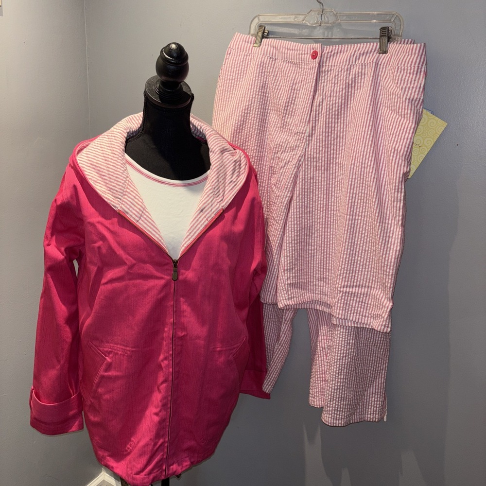Denim & Co 4pc Pink Outfit Jacket Top Shorts & Capris Women's XL Casual Spring‎